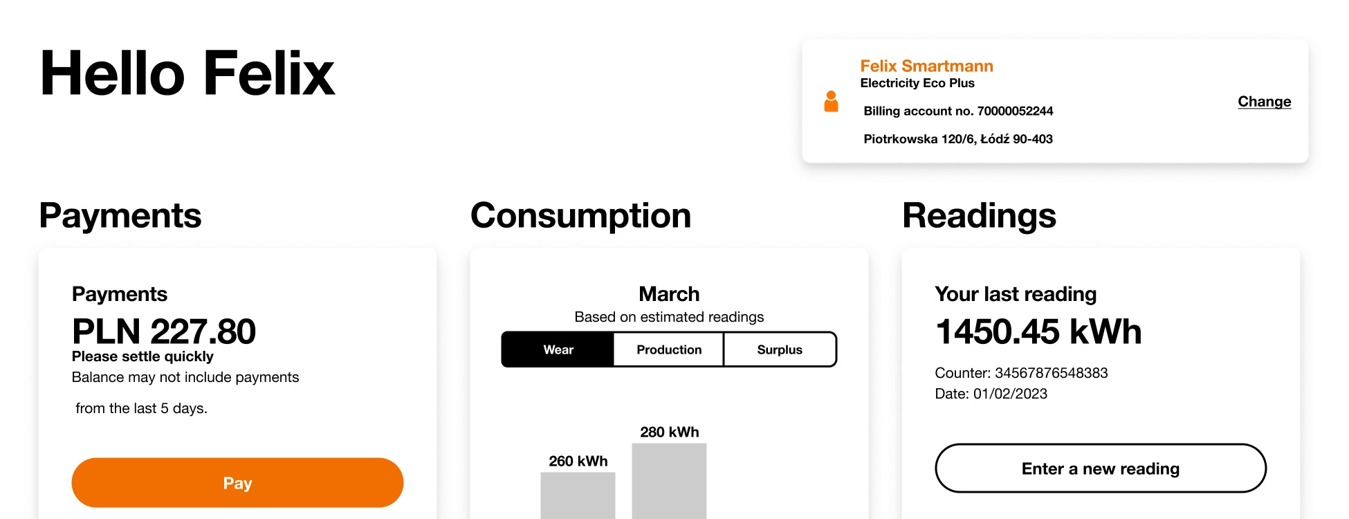 Customer data & account overview - application screen